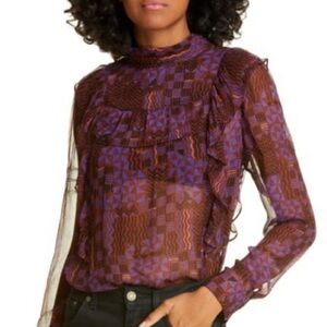 ba&sh Mia Sheer Ruffled Top blouse Sheer Geometric print size L Festival club